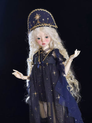 MianMian Fullset BJD by MDollSchool with blonde hair and navy star-patterned outfit