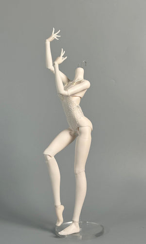 MDollSchool G02 Female Body MSD 1/4 BJD doll in a white lace bodysuit posing on a stand