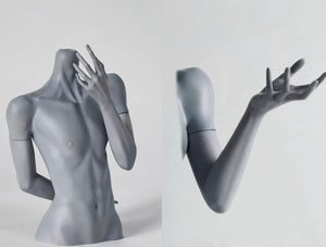 MDollSchool 1/4 BJD doll bust in grey resin showing male torso and articulated arms.