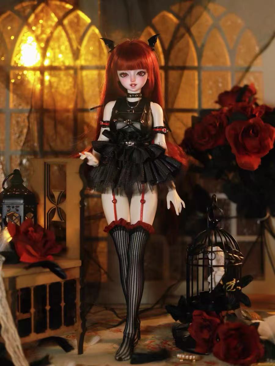 MDollSchool Kiki & Lucia 1/4 BJD doll outfit in black gothic dress and striped stockings