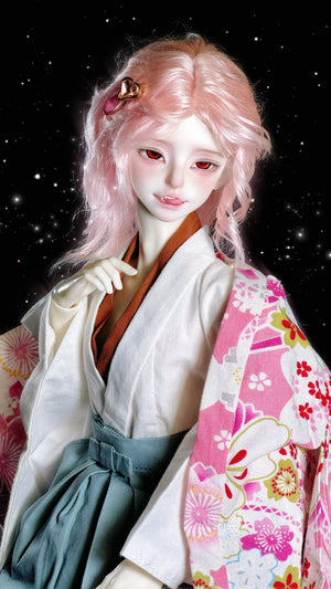 Muhan Abe Fullset BJD MSD 1/4 doll with pink hair wearing a floral kimono