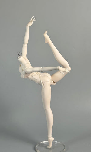 MDollSchool G02 Female MSD 1/4 BJD doll body in a dynamic ballet pose on a clear stand