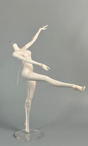 MDollSchool G02 Female MSD 1/4 BJD doll body in a dynamic ballet pose on a clear stand
