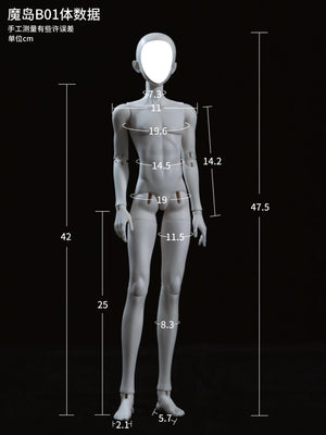 Measurement chart for MDollSchool 1/4 scale BJD doll body showing dimensions in cm.