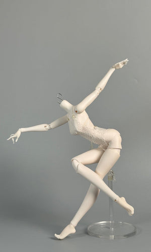 MDollSchool G02 female 1/4 BJD doll body in a dynamic dance pose on a stand