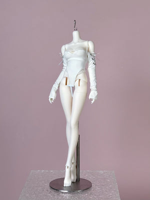 CocoDoll White Choco 1/4 scale PVC BJD doll body wearing a white bodysuit on a stand