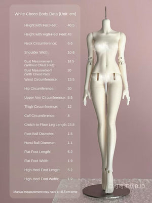 CocoDoll White Choco Body 1/4 scale PVC doll with detailed measurement chart.