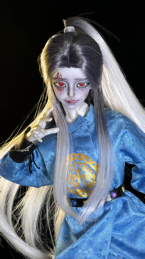 Muhan Abe Fullset BJD MSD 1/4 doll with long white hair, red eyes, and blue traditional robe.
