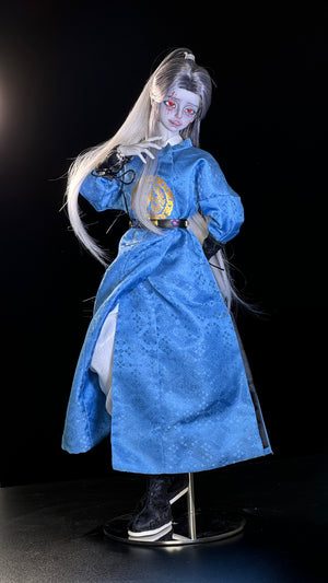 Muhan Abe Fullset BJD MSD 1/4 doll in a blue traditional robe with long white hair