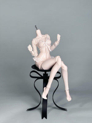 MDollSchool 1/4 BJD doll body in white lace lingerie sitting on a black sculptural stool