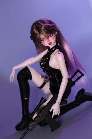 Lucia BJD Head MSD 1/4 doll in black outfit posing with a toy rifle