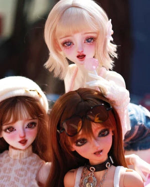Three customized MDollSchool Lucia BJD MSD 1/4 scale dolls with diverse hair and styles.
