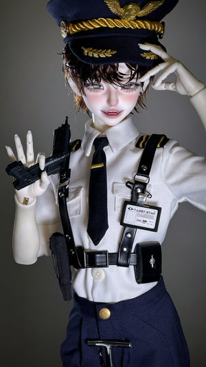 Muhan Abe BJD head 1/4 scale doll in a military-style uniform with a cap and toy gun.