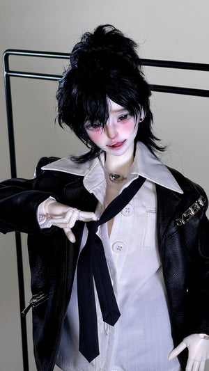 Muhan Abe BJD head MSD 1/4 doll with black hair wearing a leather jacket and white shirt