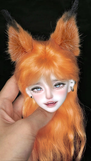 Muhan Abe BJD head (MSD 1/4) with orange hair, fox ears, and fangs.