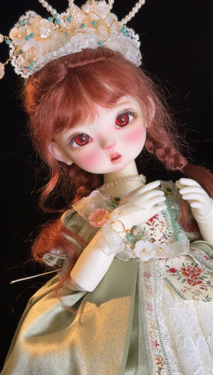 Muhan YOSD BJD doll with red hair, red eyes, and ornate vintage lace dress