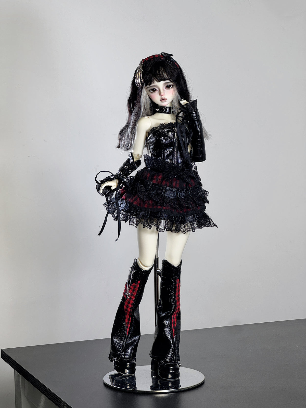 MDollSchool MianMian Fullset BJD doll in gothic red and black plaid outfit with high boots