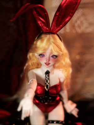 MDollSchool Lucia BJD 1/4 MSD doll with blonde hair, red bunny ears and red outfit