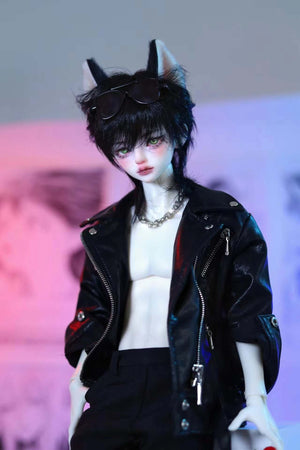 MDollSchool Alpha BJD 1/4 doll with black hair, cat ears, sunglasses, and black leather jacket.