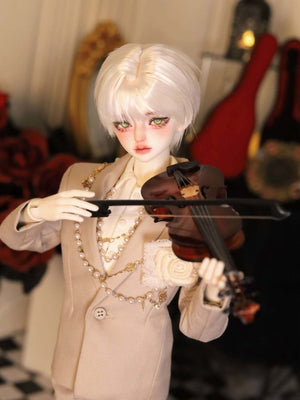 MDollSchool Alpha BJD 1/4 scale doll with white hair playing a miniature violin