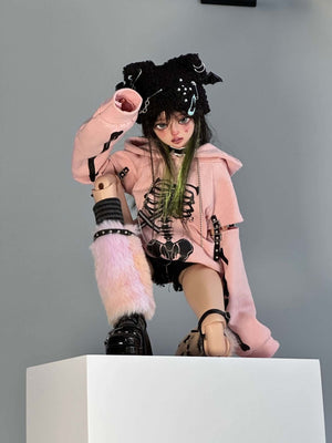 MDollSchool KiKi BJD doll in a pink skeleton hoodie and gothic accessories