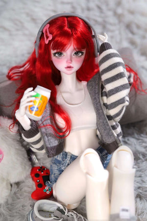MDollSchool KiKi BJD 1/4 doll with red hair wearing headphones and a striped cardigan