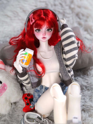 MDollSchool KiKi BJD head 1/4 doll with red hair wearing headphones and a striped cardigan