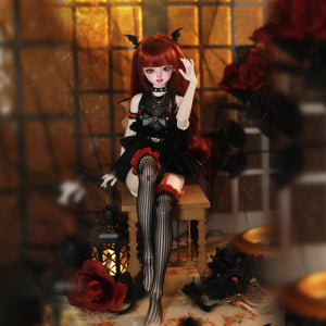 MDollSchool Lucia BJD MSD 1/4 doll with red hair in gothic black outfit and striped tights