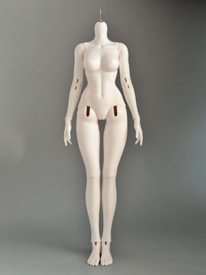 White 1/4 scale BJD doll body by MDollSchool, female anatomy, plain grey background.
