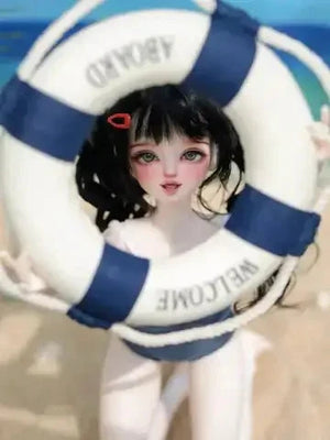 MDollSchool KiKi and Lucia 1/4 MSD BJD doll head with black hair and a white lifebuoy