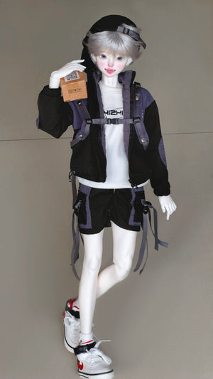 MDollSchool Puppy & Little Wolf 1/4 BJD doll in a black techwear outfit and white sneakers