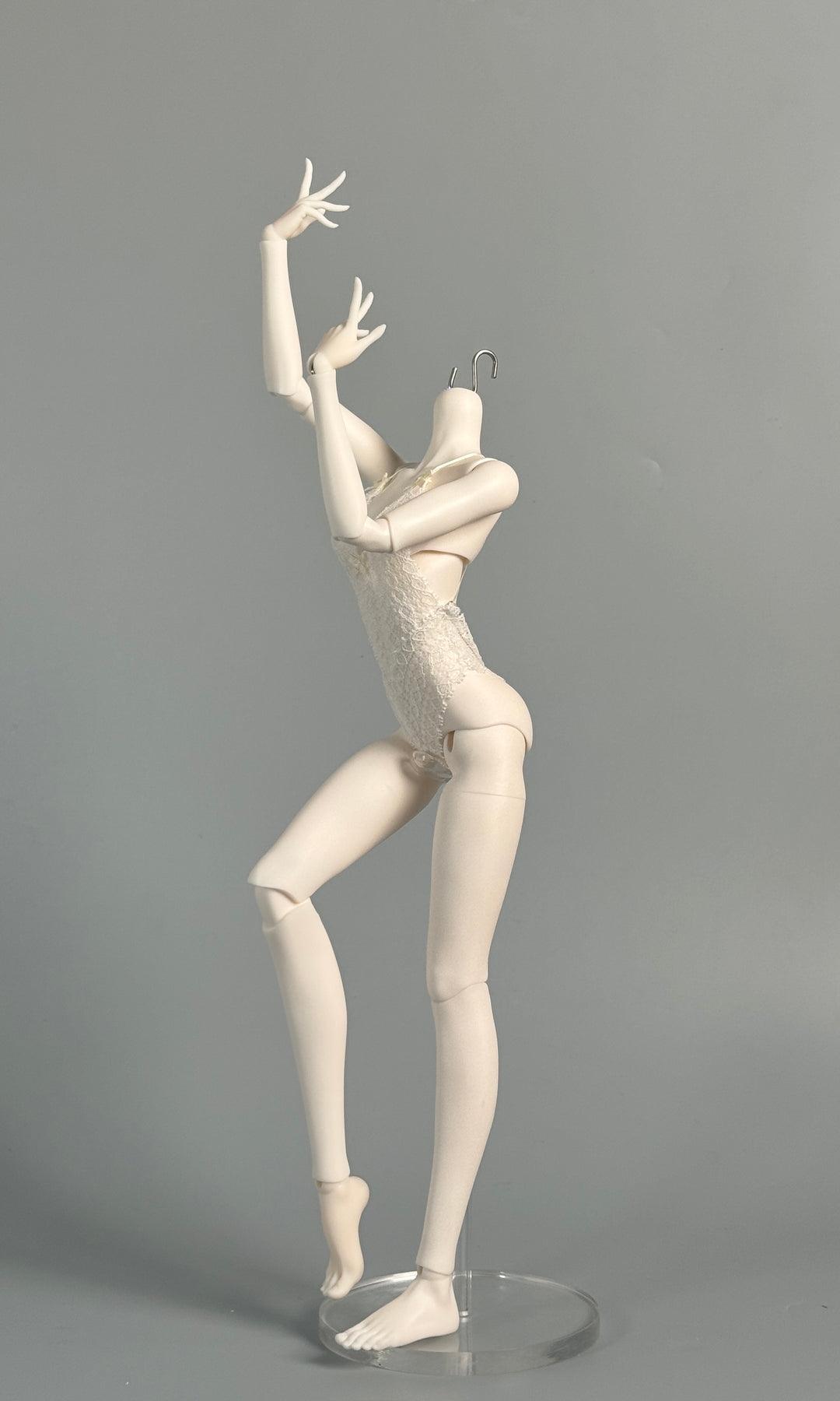 MDollSchool G02 Female Body MSD 1/4 BJD doll in a white lace bodysuit posing on a stand