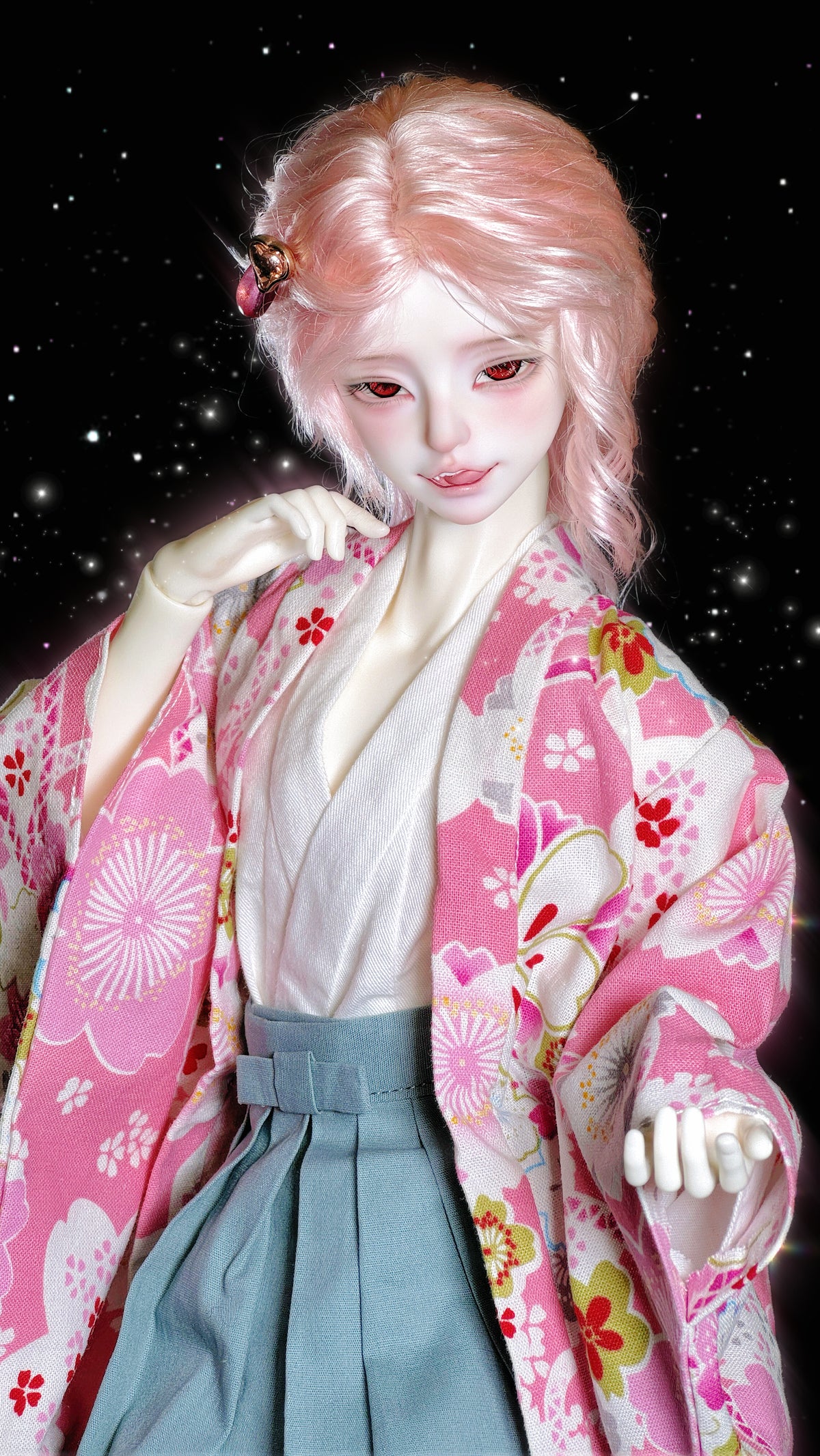 Muhan Abe Fullset BJD MSD 1/4 doll with pink hair and floral pink kimono