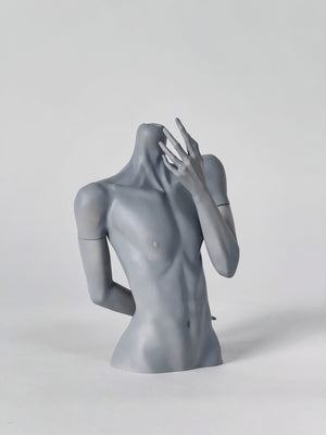 MDollSchool 1/4 BJD doll bust in matte grey resin, headless male torso posing with hand to neck.