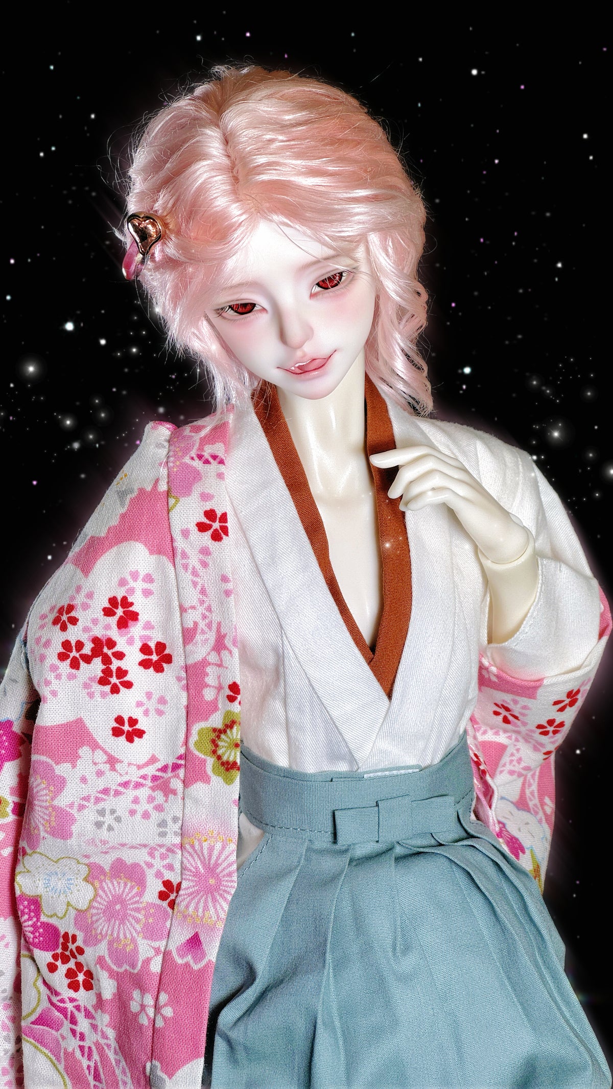 Muhan Abe Fullset BJD MSD 1/4 doll with pink hair in a floral kimono and blue hakama