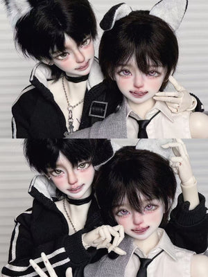 Two MDollSchool Puppy and Little Wolf MSD 1/4 BJD dolls in black and white outfits.
