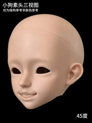 45-degree view of a blank MDollSchool Puppy BJD doll head in skin-toned resin