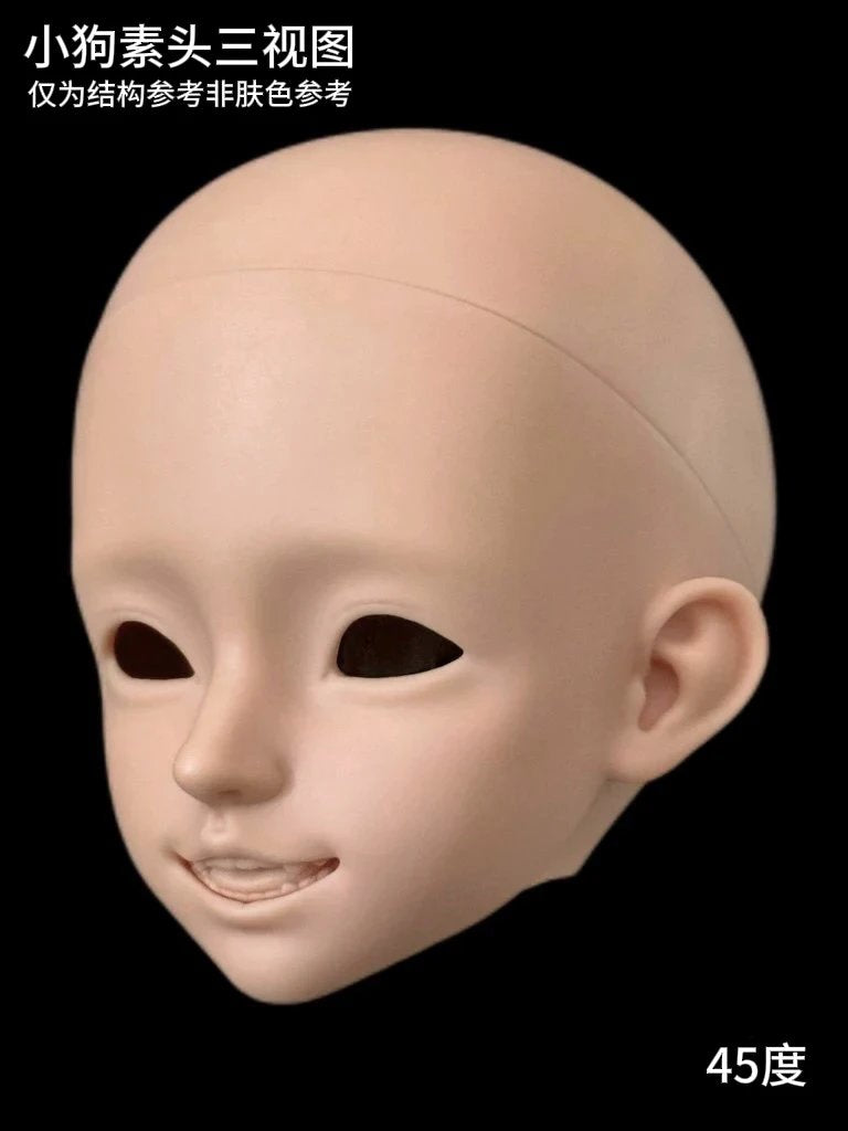 45-degree view of a blank MDollSchool Puppy BJD doll head in skin-toned resin