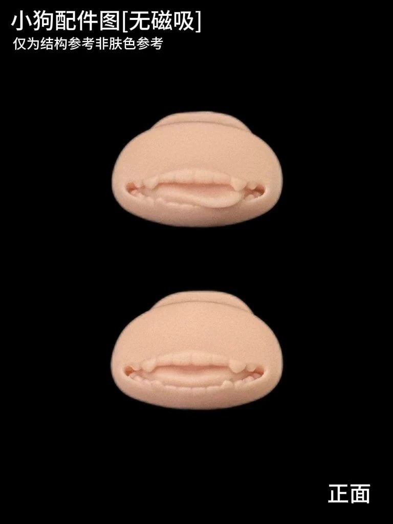 Front view of two skin-toned resin puppy mouth accessories for MDollSchool 1/4 BJD doll set.