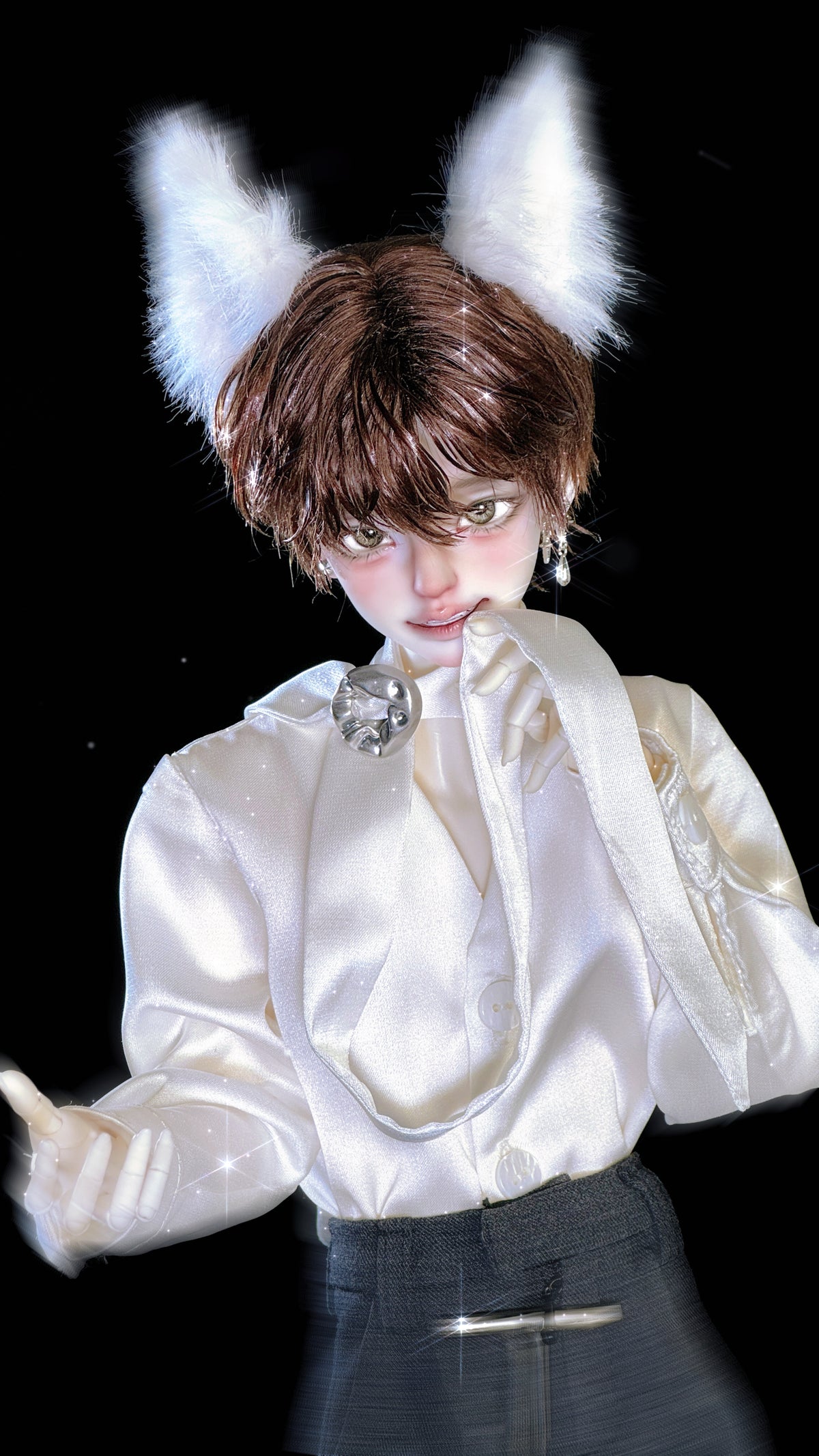 MDollSchool Puppy & Little Wolf MSD 1/4 BJD doll with white wolf ears and satin shirt