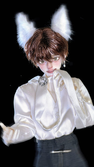 MDollSchool Puppy & Little Wolf MSD 1/4 BJD doll with white wolf ears and satin shirt