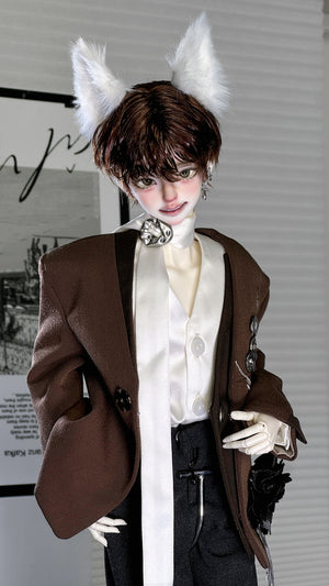 MDollSchool Puppy & Little Wolf MSD 1/4 BJD doll in a brown blazer and white scarf.