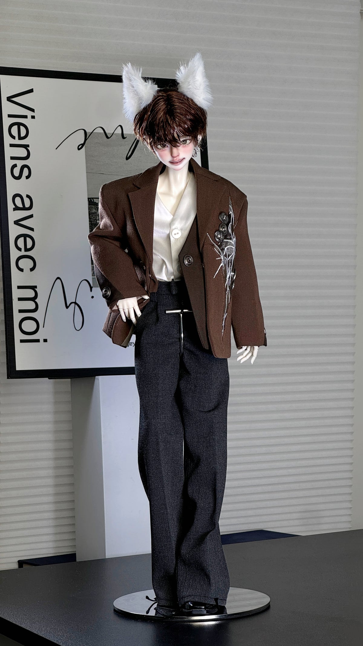 MDollSchool Puppy & Little Wolf BJD doll in brown blazer and wide-leg trousers