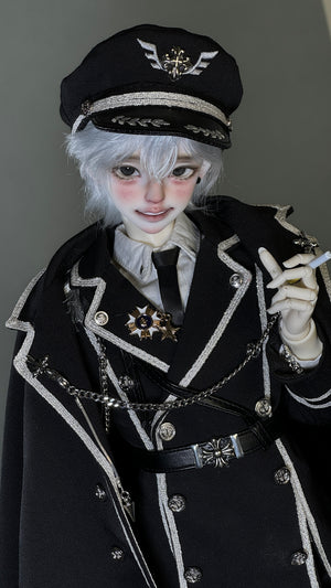 MDollSchool Puppy & Little Wolf BJD doll in a black military outfit with silver trim and cap.