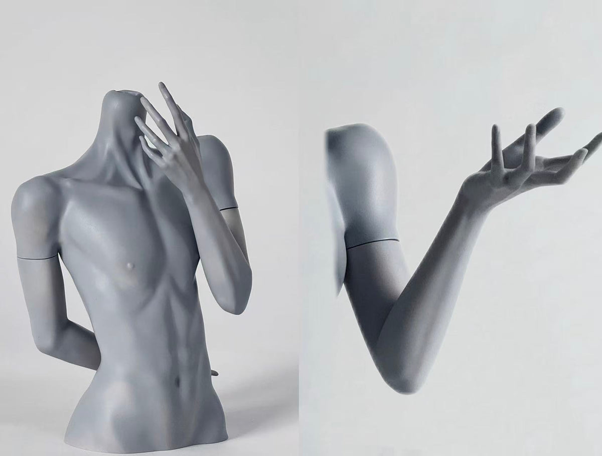 MDollSchool 1/4 BJD doll bust in grey resin showing male torso and articulated arms.