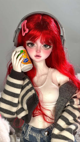 MDollSchool 1/4 MSD BJD doll with red hair, headphones, and a striped cardigan.