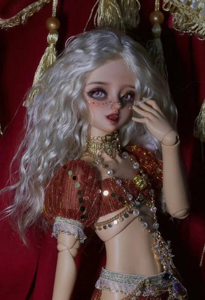 MDollSchool 1/4 MSD BJD doll head with white curly hair and ornate gold red outfit