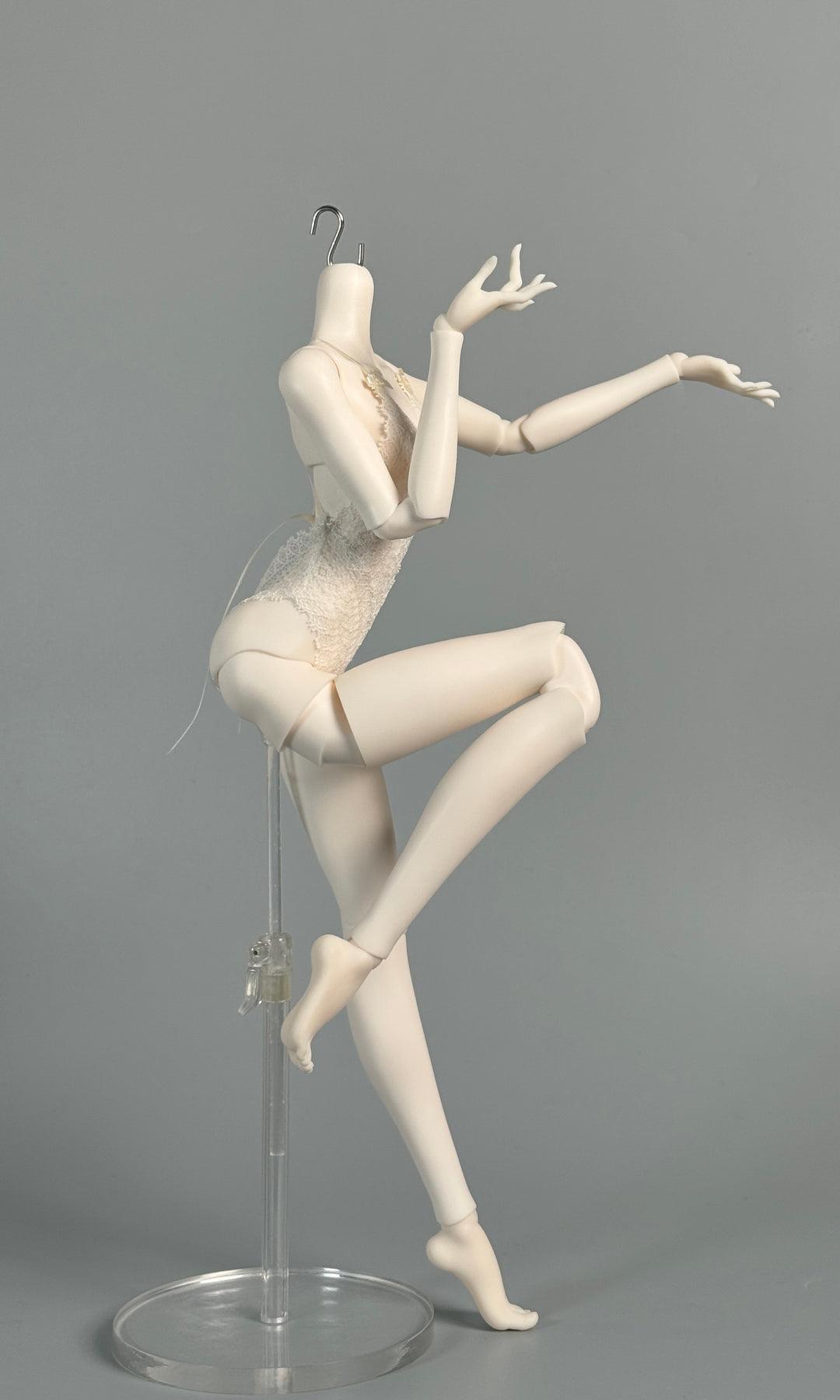 MDollSchool G02 female MSD 1/4 BJD doll body in a dynamic pose on a clear stand