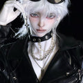 Muhan Bao BJD head with white hair, black leather jacket, and sunglasses.