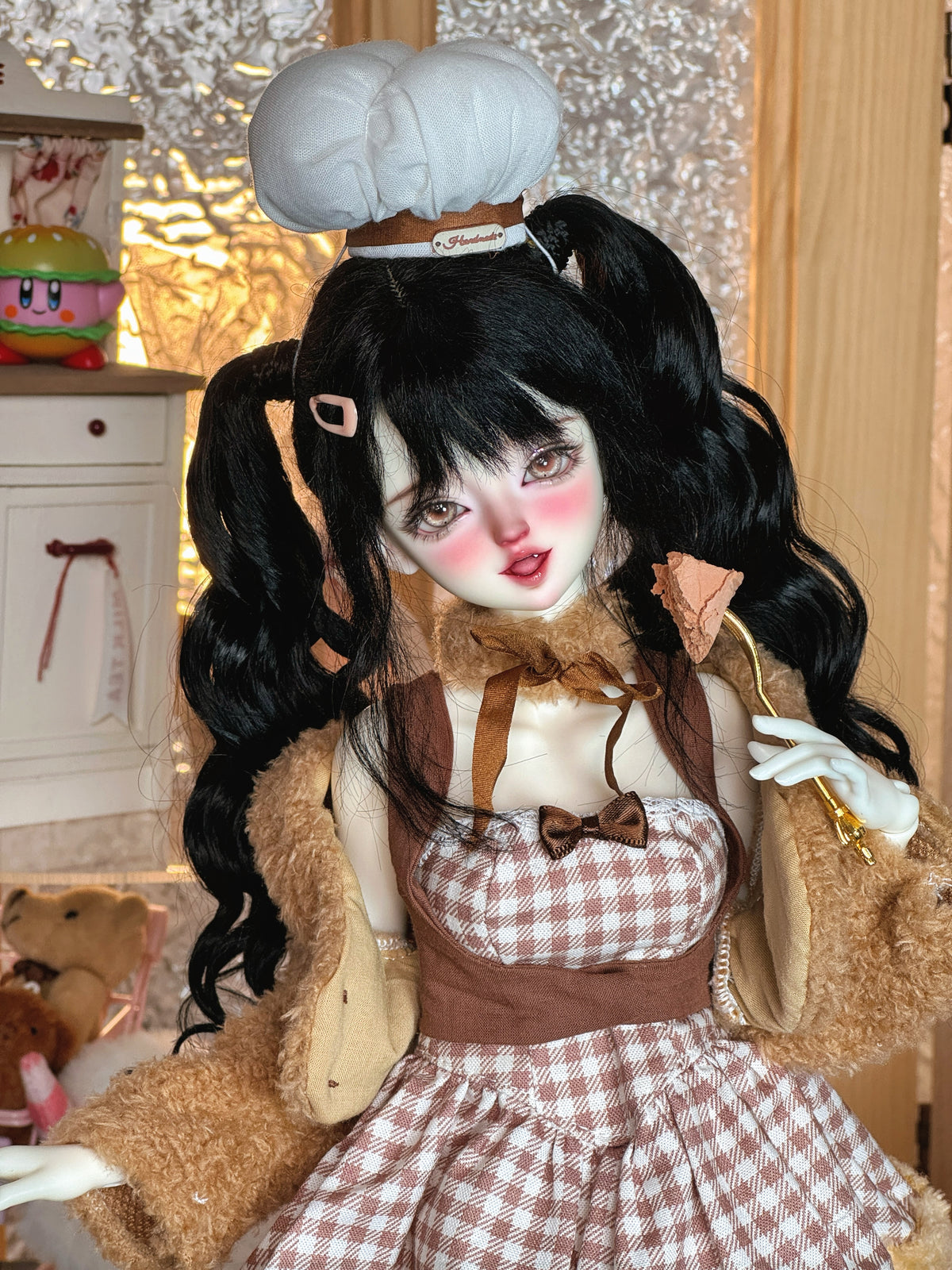 MDollSchool Lucia 1/4 MSD BJD doll in a chef outfit with a brown teddy coat and hat